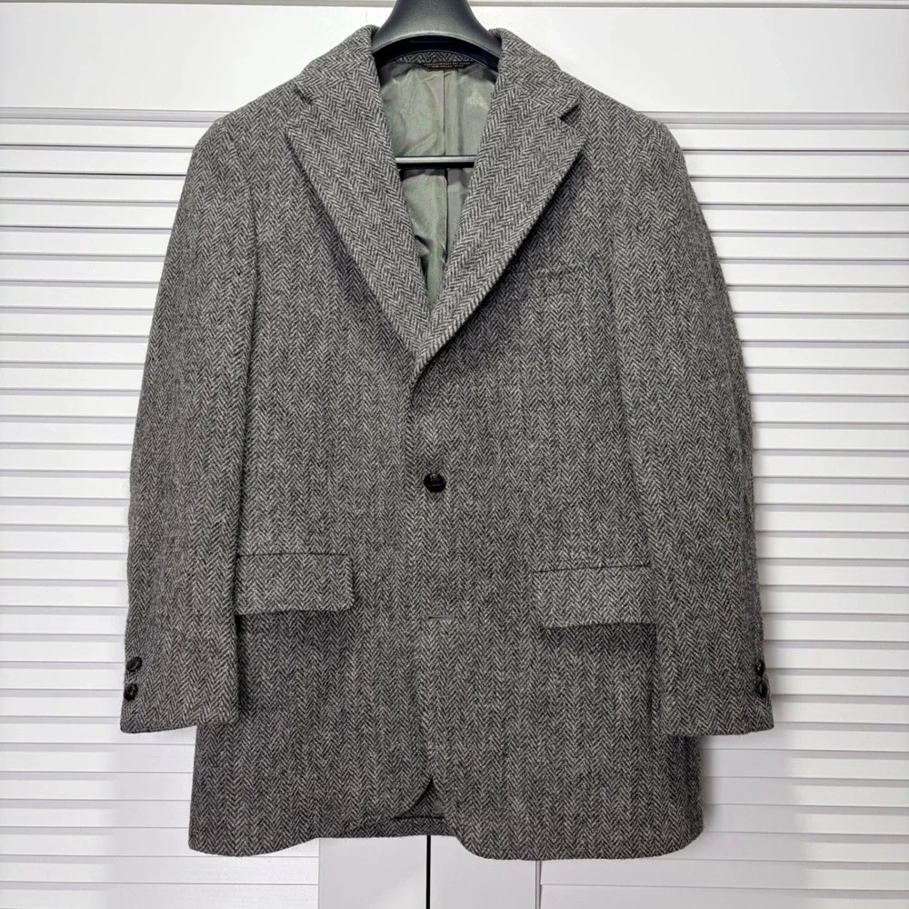Harris Tweed Grey Herringbone Wool Sport Coat Blazer Young Mans Fancy Union Made